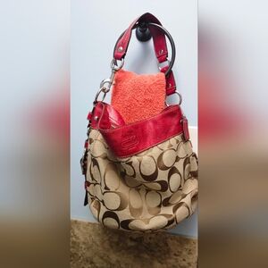Coach Signature Canvas and Red Leather Tote